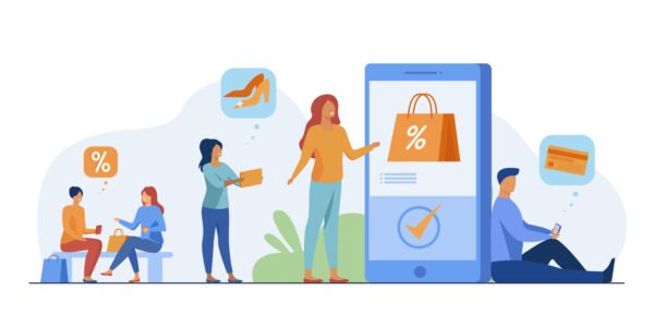 Customers with smartphones shopping online. Men and women buying goods at internet store sales. Vector illustration for e-commerce, security transfer payment concept